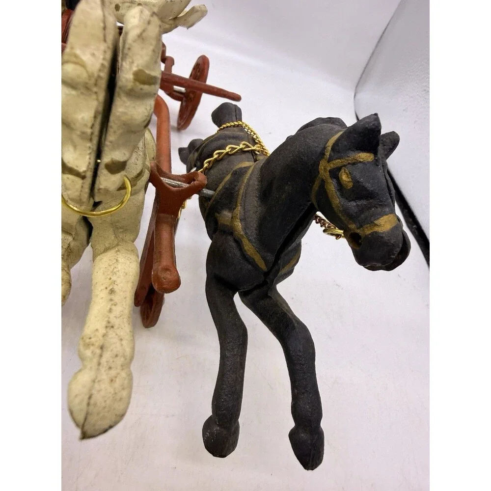 Vintage Cast Iron 3 Horse Drawn Fire Red Wagon Steam Pumper Toy